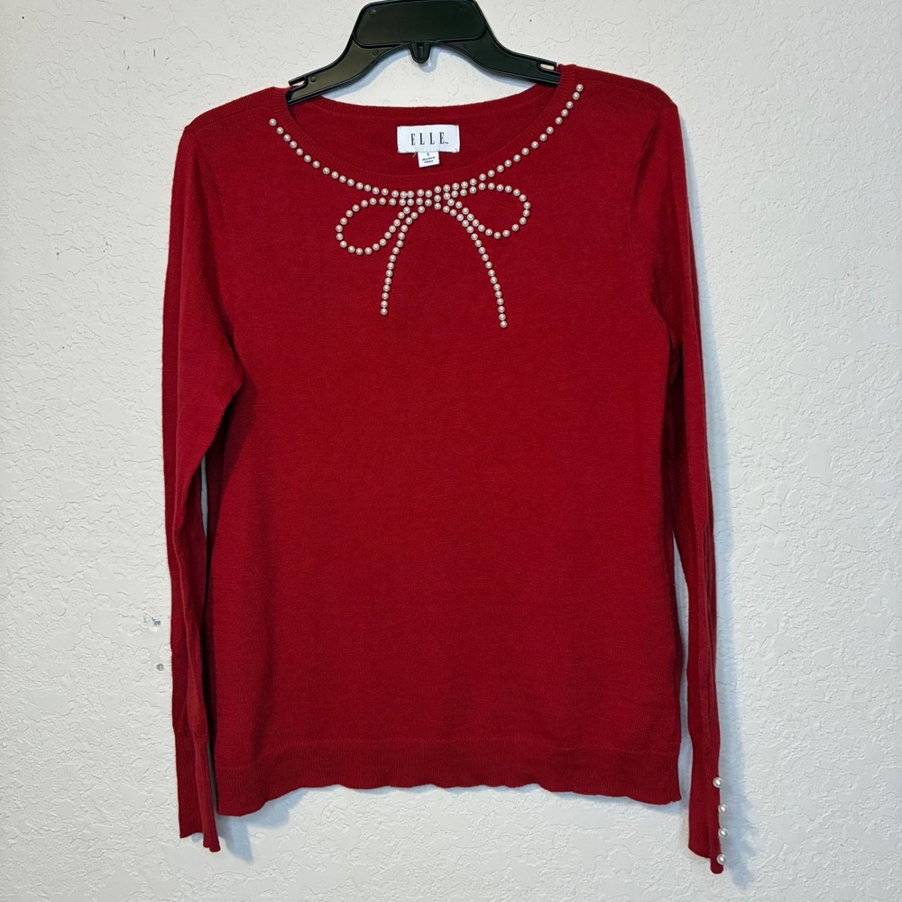 Elle Womens Red Holiday Top Pearl Bow Sweater Small Coquette Crew Knit Party - Picture 2 of 11